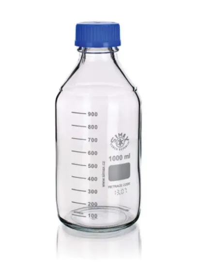 Frasco graduado con tapa a rosca azul autoclavable Simax