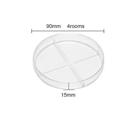 Placa de petri con 4 compartimentos PS no estéril, aséptica 90 x 15mm x 600u.