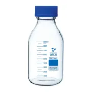 Botella de vidrio borosilicato con tapa a rosca azul