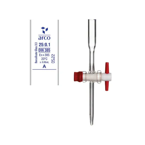 Bureta de vidrio de borosilicato con robinete de PTFE y certificado de lote