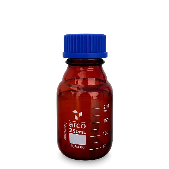 Frasco de vidrio graduado color caramelo con tapa a rosca azul